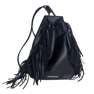 Victoria Secret Black Fringe Drawstring Backpack Bag Purse Faux Leather EUC